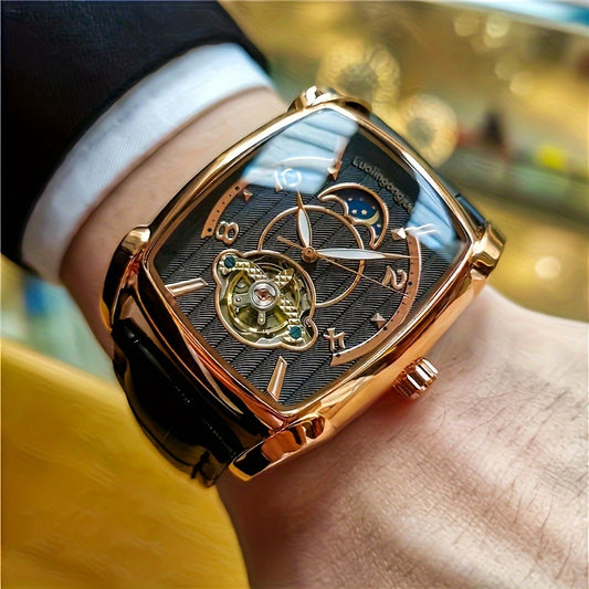 Relógio Mecânico Elegante para Homens - Luxuoso Tourbillon Dourado Rosé com Fase Lunar Azul, Resistente à Água até 30m, Pulseira de Couro Sintético, Design Hollow-Out Fashionável para Negócios e Esportes, Ideal para Uso Diário.