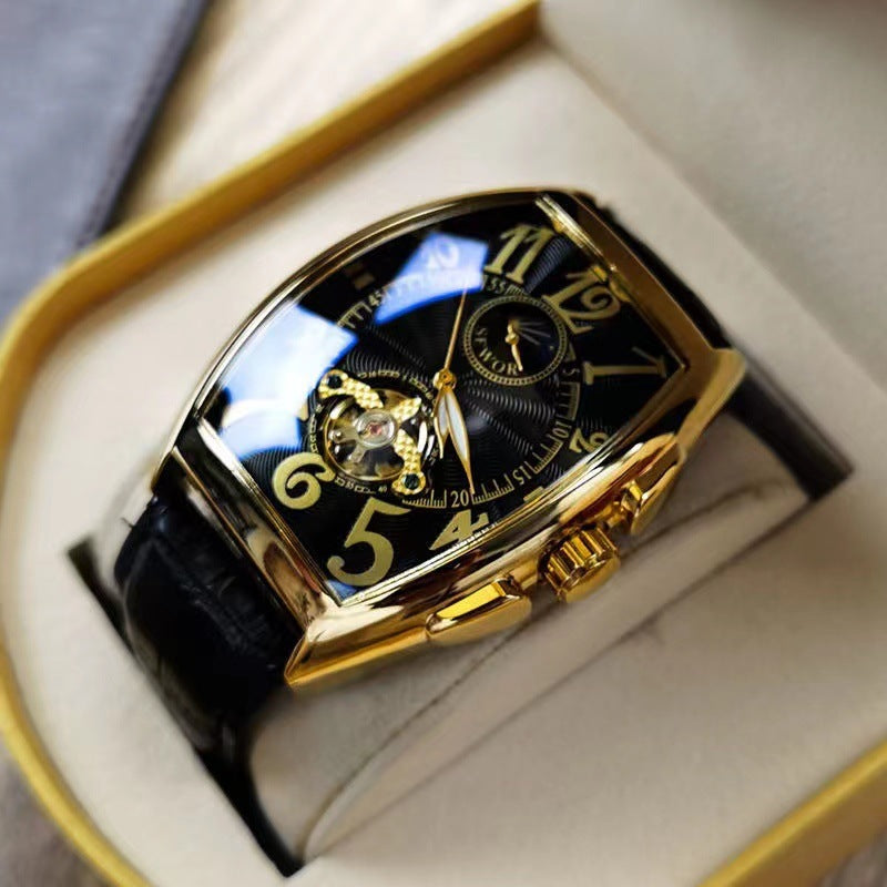 Relógio mecânico masculino Tourbillon totalmente automático com barril de vinho oco, versátil, personalidade empresarial, mostrador de fase da lua, couro, à prova d'água