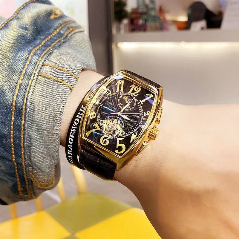 Relógio mecânico masculino Tourbillon totalmente automático com barril de vinho oco, versátil, personalidade empresarial, mostrador de fase da lua, couro, à prova d'água