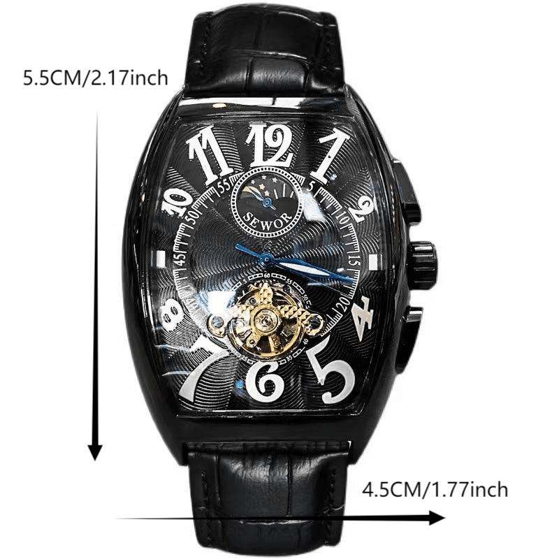 Relógio mecânico masculino Tourbillon totalmente automático com barril de vinho oco, versátil, personalidade empresarial, mostrador de fase da lua, couro, à prova d'água