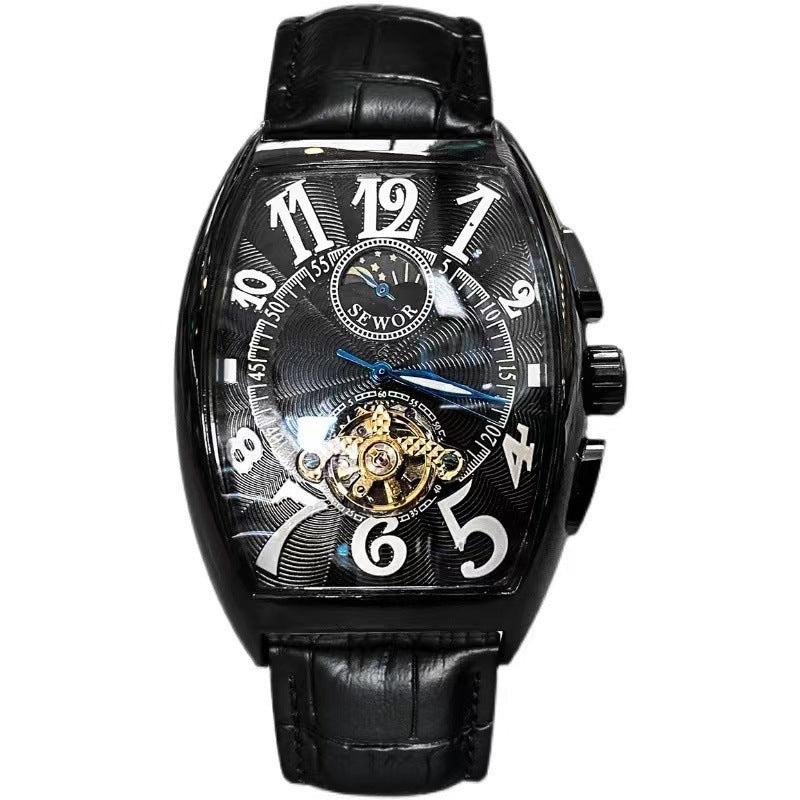 Relógio mecânico masculino Tourbillon totalmente automático com barril de vinho oco, versátil, personalidade empresarial, mostrador de fase da lua, couro, à prova d'água