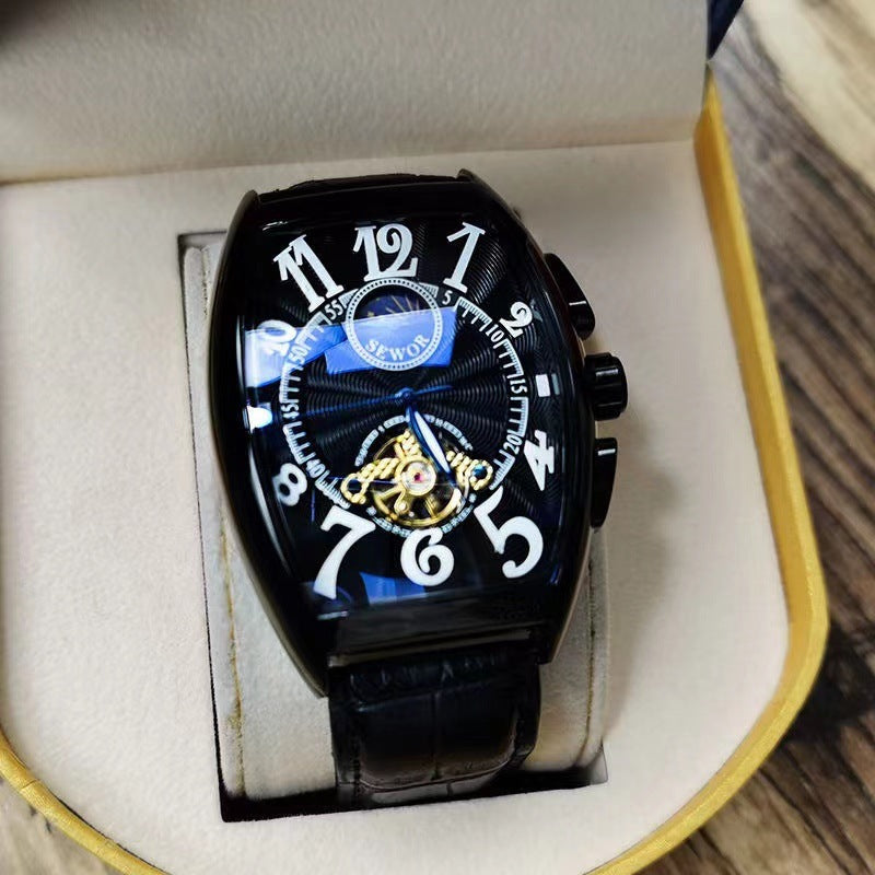 Relógio mecânico masculino Tourbillon totalmente automático com barril de vinho oco, versátil, personalidade empresarial, mostrador de fase da lua, couro, à prova d'água