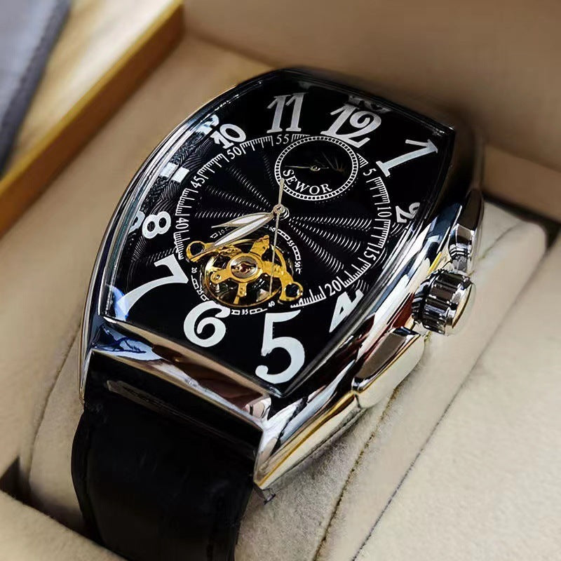 Relógio mecânico masculino Tourbillon totalmente automático com barril de vinho oco, versátil, personalidade empresarial, mostrador de fase da lua, couro, à prova d'água