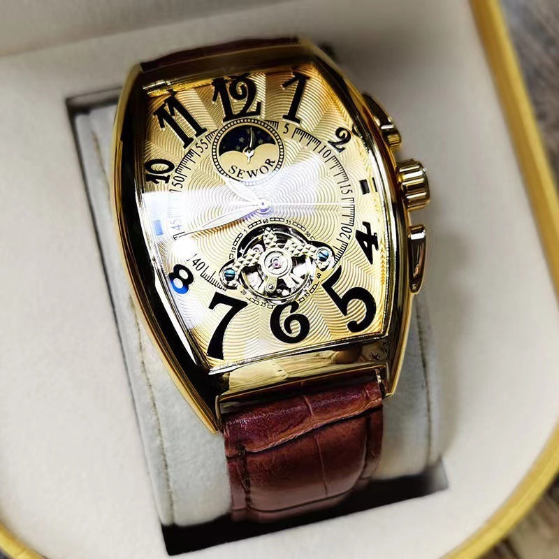 Relógio mecânico masculino Tourbillon totalmente automático com barril de vinho oco, versátil, personalidade empresarial, mostrador de fase da lua, couro, à prova d'água