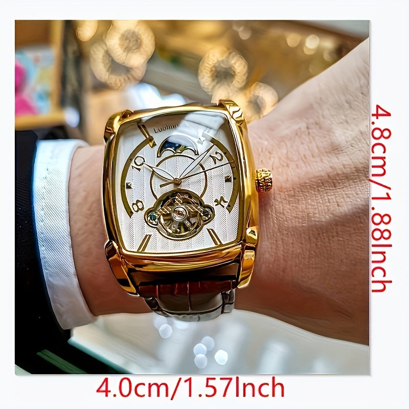 Relógio Mecânico Elegante para Homens - Luxuoso Tourbillon Dourado Rosé com Fase Lunar Azul, Resistente à Água até 30m, Pulseira de Couro Sintético, Design Hollow-Out Fashionável para Negócios e Esportes, Ideal para Uso Diário.