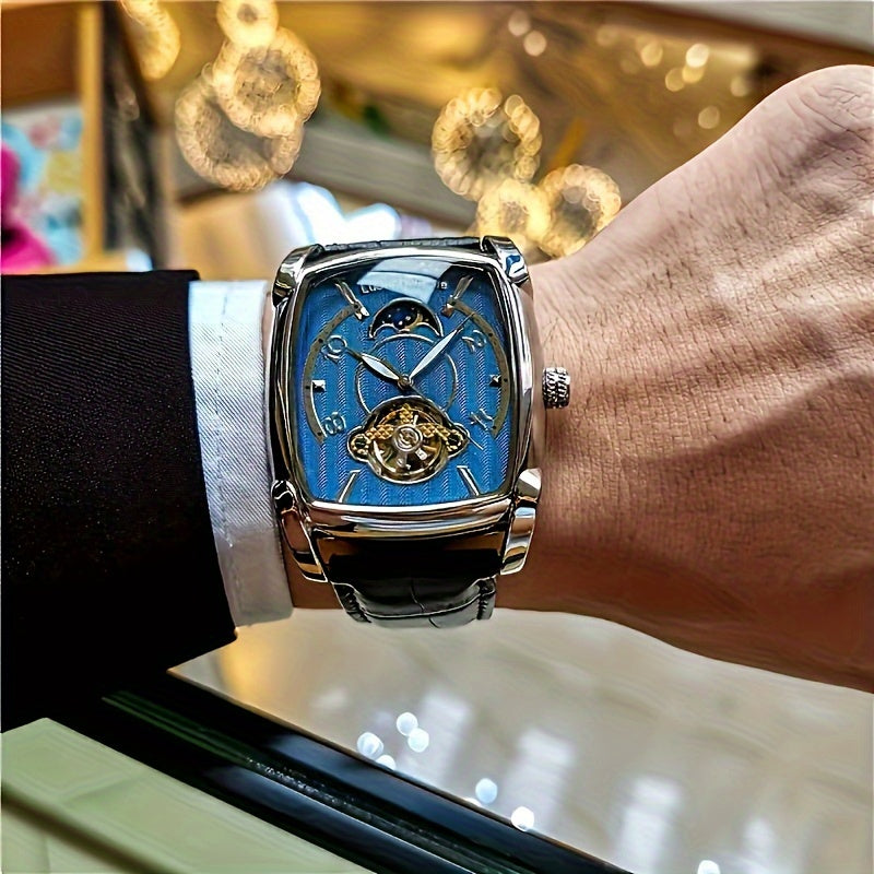 Relógio Mecânico Elegante para Homens - Luxuoso Tourbillon Dourado Rosé com Fase Lunar Azul, Resistente à Água até 30m, Pulseira de Couro Sintético, Design Hollow-Out Fashionável para Negócios e Esportes, Ideal para Uso Diário.