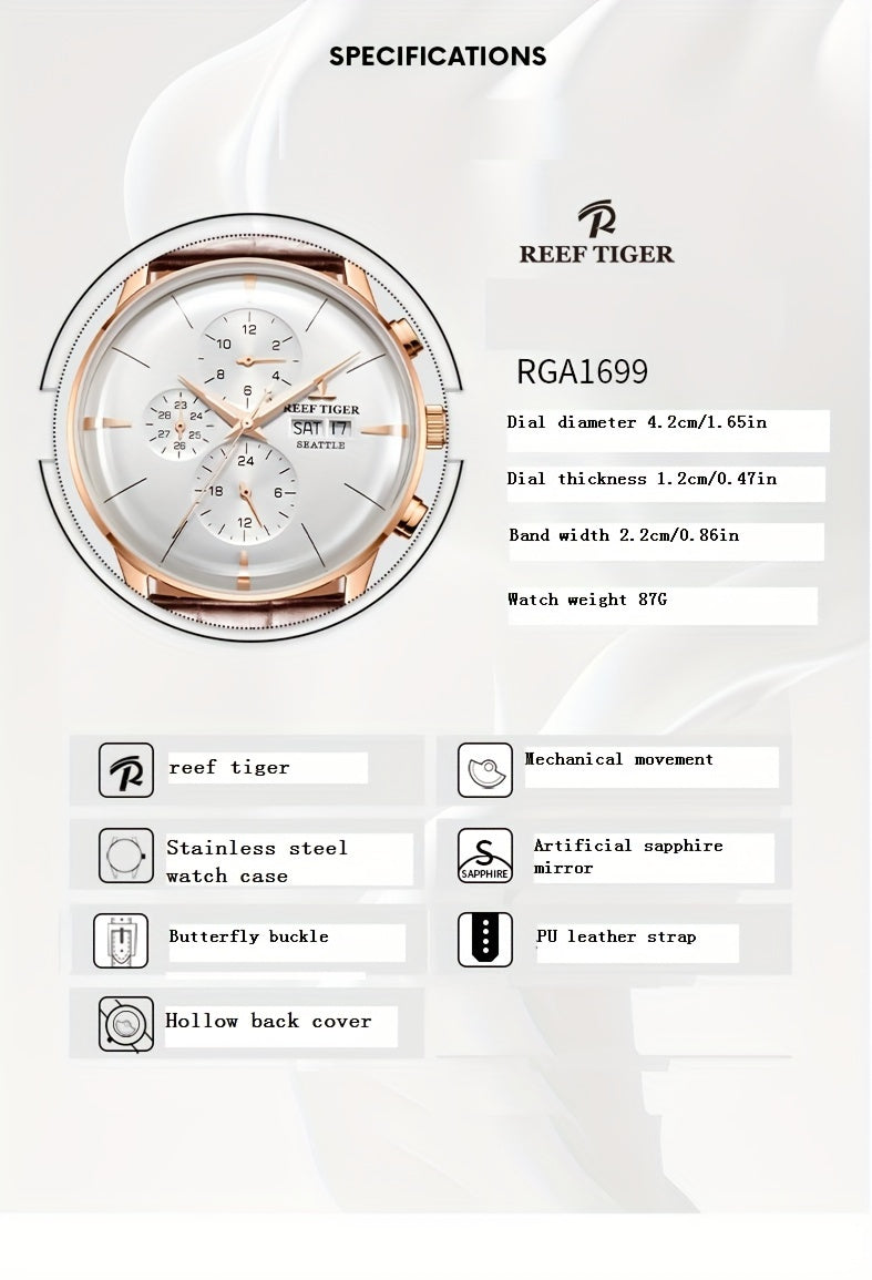 Relógio mecânico masculino estilo empresarial Reef Tiger, caixa de aço inoxidável, mostrador redondo, pulseira de couro sintético, com recurso de calendário, para presente de Ação de Graças e Natal, automático, vazado, relógio masculino