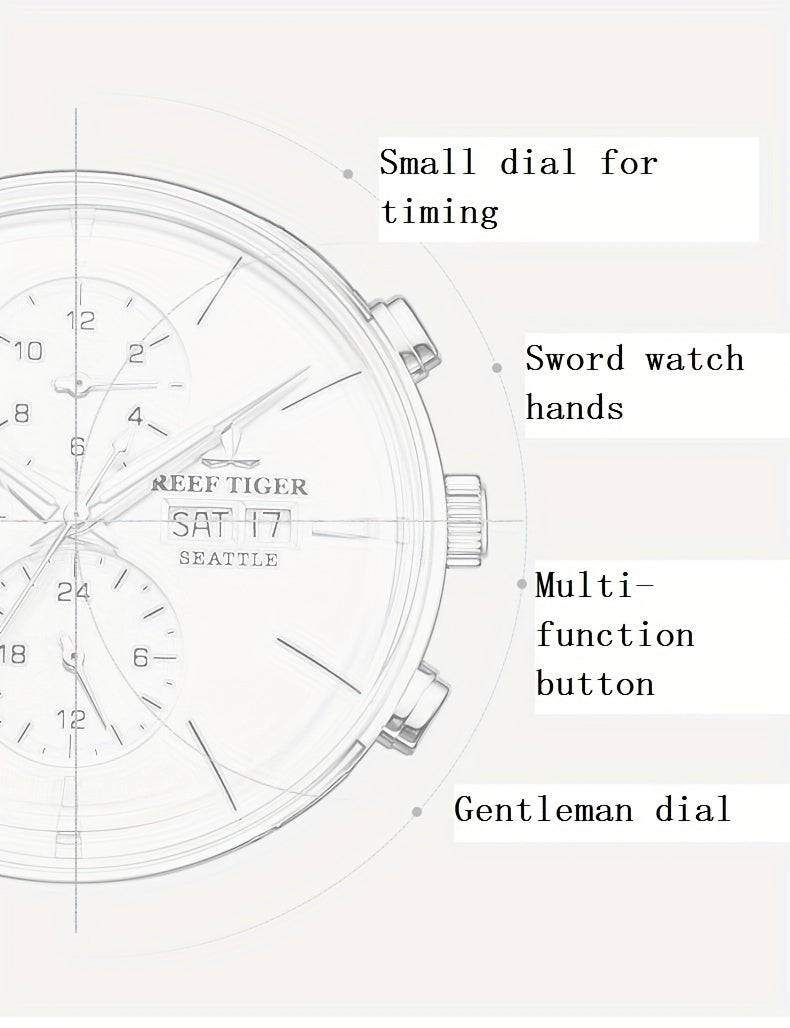 Relógio mecânico masculino estilo empresarial Reef Tiger, caixa de aço inoxidável, mostrador redondo, pulseira de couro sintético, com recurso de calendário, para presente de Ação de Graças e Natal, automático, vazado, relógio masculino