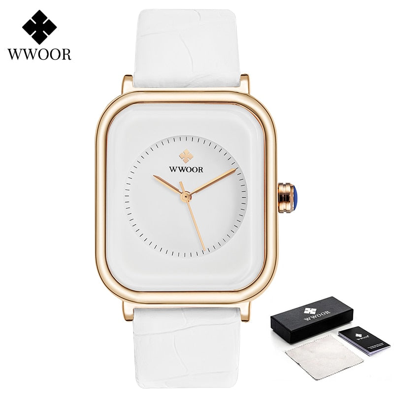 Moda Feminina Relógios 2023 WWOOR Couro Branco Minimalista Retângulo Feminino Vestido de Quartzo Relógio de Pulso Relogio Feminino Montre Femme