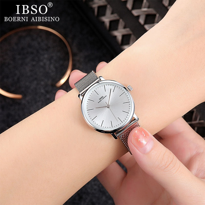 IBSO Feminino Pulseira Relógio Fashion Geneva Designer Japan Quartz Sliver Aço Inoxidável Presente Feminino Relógios de Pulso Relogio Feminino