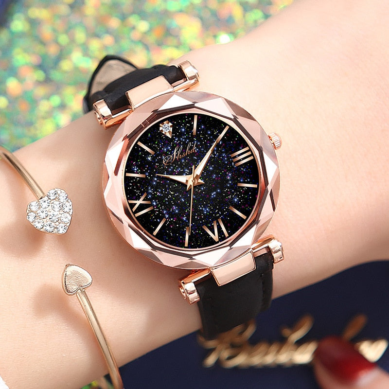 Relógio Feminino com Strass Romântico Céu Estrelado Relógio de Pulso Moda Feminina Relógio de Couro Relógio Feminino Relogio Feminino Montre Femme