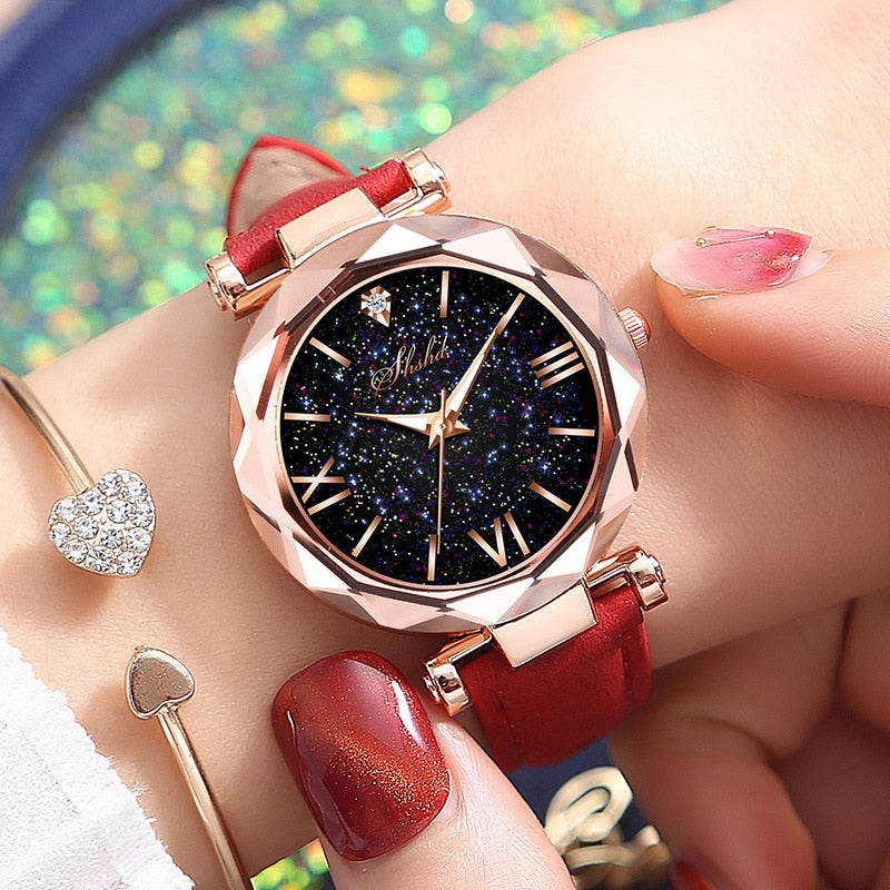 Relógio Feminino com Strass Romântico Céu Estrelado Relógio de Pulso Moda Feminina Relógio de Couro Relógio Feminino Relogio Feminino Montre Femme