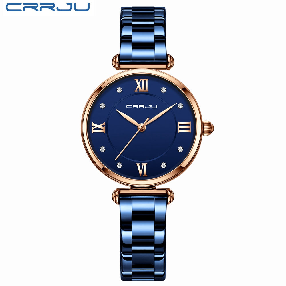 Relógio Feminino CRRJU Moda Luxo Relógio Azul para Feminino Casual Quartzo Feminino Relógio Aço Inoxidável Feminino