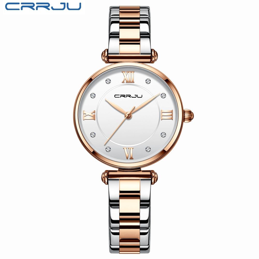 Relógio Feminino CRRJU Moda Luxo Relógio Azul para Feminino Casual Quartzo Feminino Relógio Aço Inoxidável Feminino