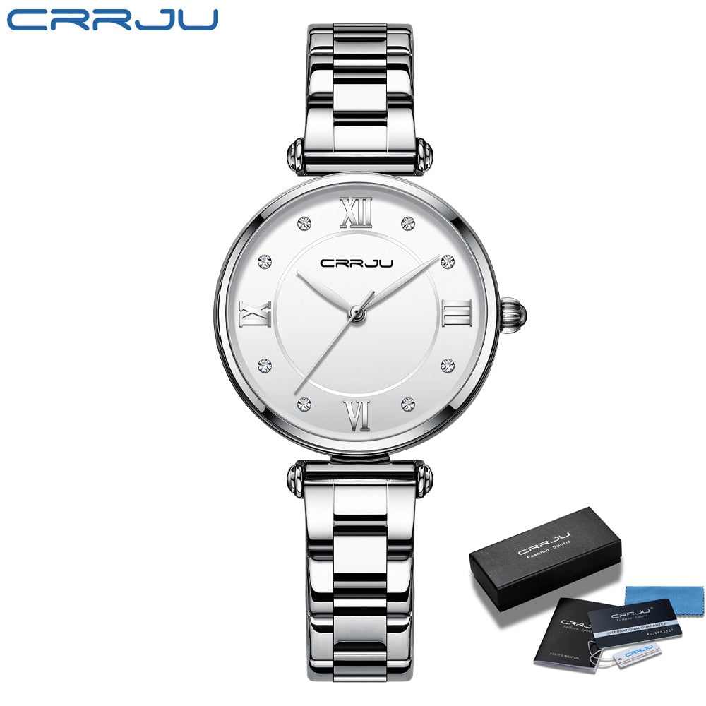 Relógio Feminino CRRJU Moda Luxo Relógio Azul para Feminino Casual Quartzo Feminino Relógio Aço Inoxidável Feminino