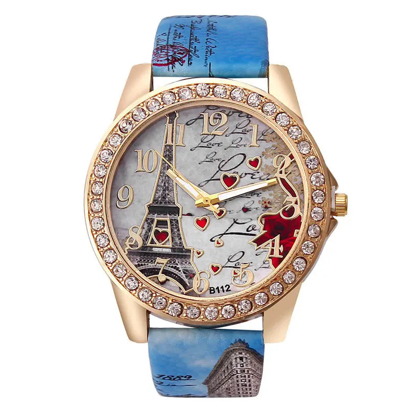 Relógios Grandes Femininos de Moda Luxuosa com Cristal, Relógios da Torre Eiffel de Paris para Mulheres, Relógio de Pulso Quartz com Pulseira de Couro, Relógios Casuais para Mulheres