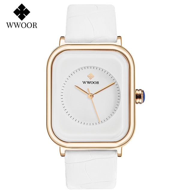 Moda Feminina Relógios 2023 WWOOR Couro Branco Minimalista Retângulo Feminino Vestido de Quartzo Relógio de Pulso Relogio Feminino Montre Femme