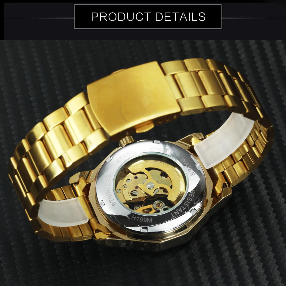 Relógio Automático Luxuoso WINNER com Esqueleto Dourado para Homens, Ponteiros Luminosos, Relógios Mecânicos Irregulares Royais com Pulseira de Aço Inoxidável