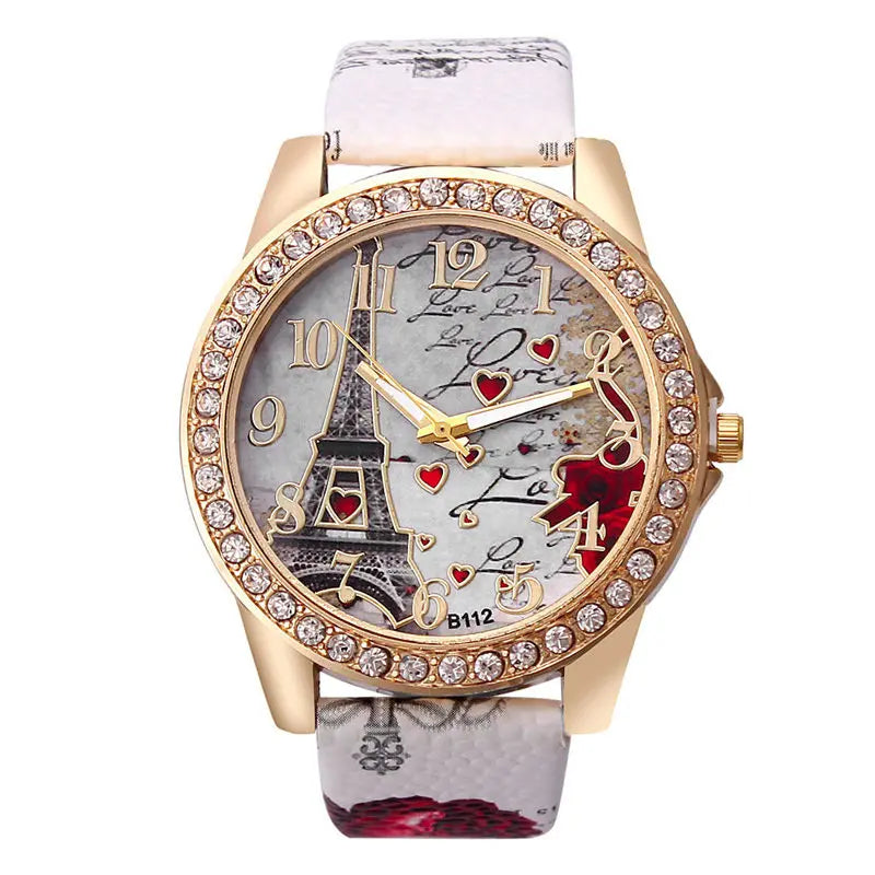 Relógios Grandes Femininos de Moda Luxuosa com Cristal, Relógios da Torre Eiffel de Paris para Mulheres, Relógio de Pulso Quartz com Pulseira de Couro, Relógios Casuais para Mulheres