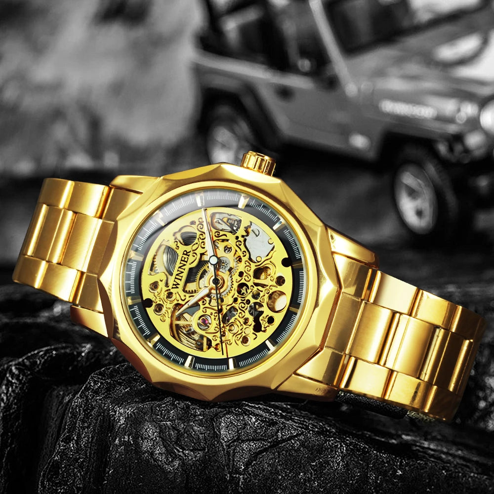 Relógio Automático Luxuoso WINNER com Esqueleto Dourado para Homens, Ponteiros Luminosos, Relógios Mecânicos Irregulares Royais com Pulseira de Aço Inoxidável