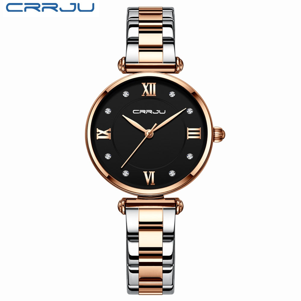 Relógio Feminino CRRJU Moda Luxo Relógio Azul para Feminino Casual Quartzo Feminino Relógio Aço Inoxidável Feminino