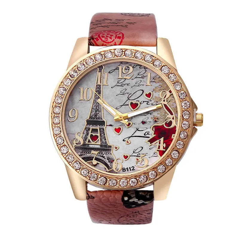 Relógios Grandes Femininos de Moda Luxuosa com Cristal, Relógios da Torre Eiffel de Paris para Mulheres, Relógio de Pulso Quartz com Pulseira de Couro, Relógios Casuais para Mulheres