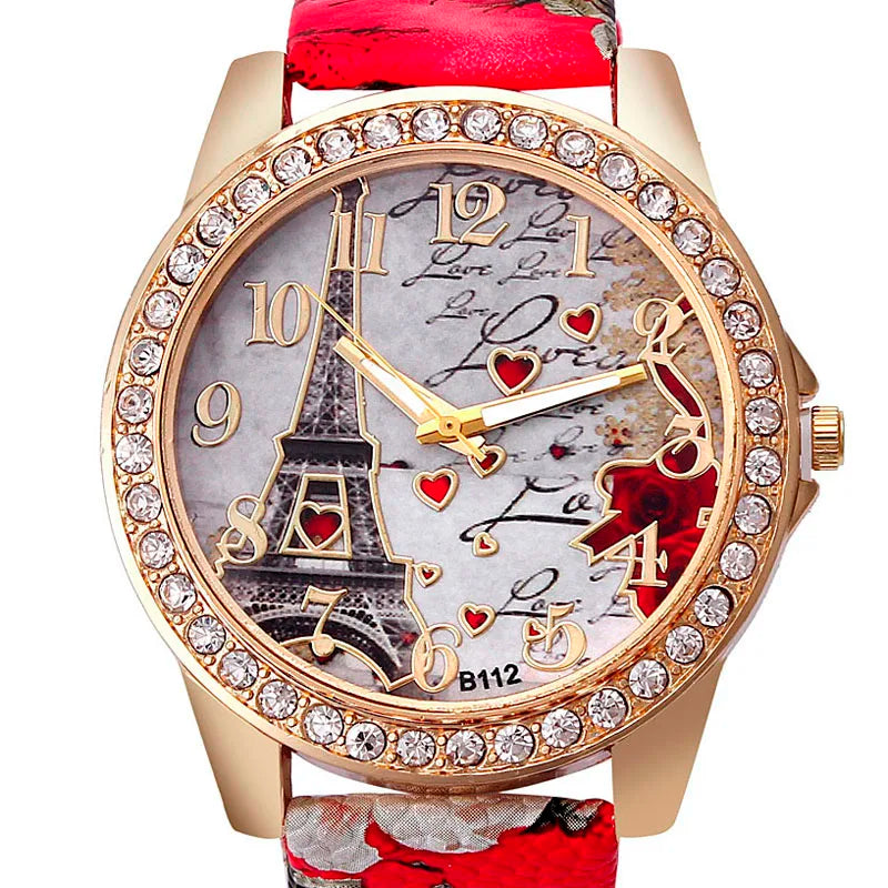 Relógios Grandes Femininos de Moda Luxuosa com Cristal, Relógios da Torre Eiffel de Paris para Mulheres, Relógio de Pulso Quartz com Pulseira de Couro, Relógios Casuais para Mulheres