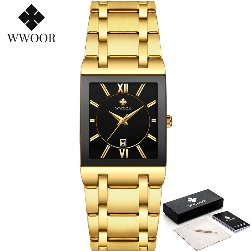 Relogio Masculino WWOOR Relógio de Ouro Masculino Quadrado Relógios Masculinos Marca Top Luxo Quartzo Dourado Aço Inoxidável Relógio de Pulso À Prova D' Água