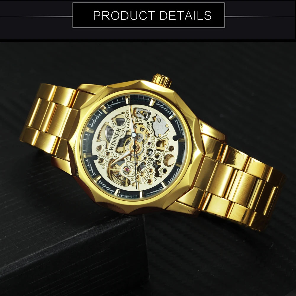 Relógio Automático Luxuoso WINNER com Esqueleto Dourado para Homens, Ponteiros Luminosos, Relógios Mecânicos Irregulares Royais com Pulseira de Aço Inoxidável