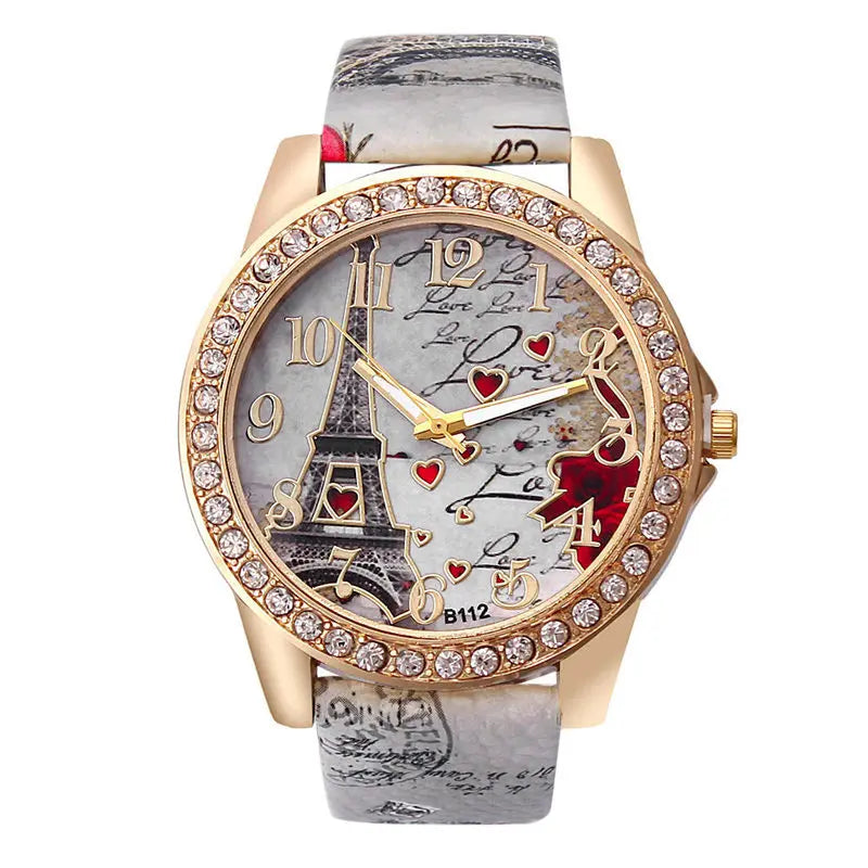 Relógios Grandes Femininos de Moda Luxuosa com Cristal, Relógios da Torre Eiffel de Paris para Mulheres, Relógio de Pulso Quartz com Pulseira de Couro, Relógios Casuais para Mulheres