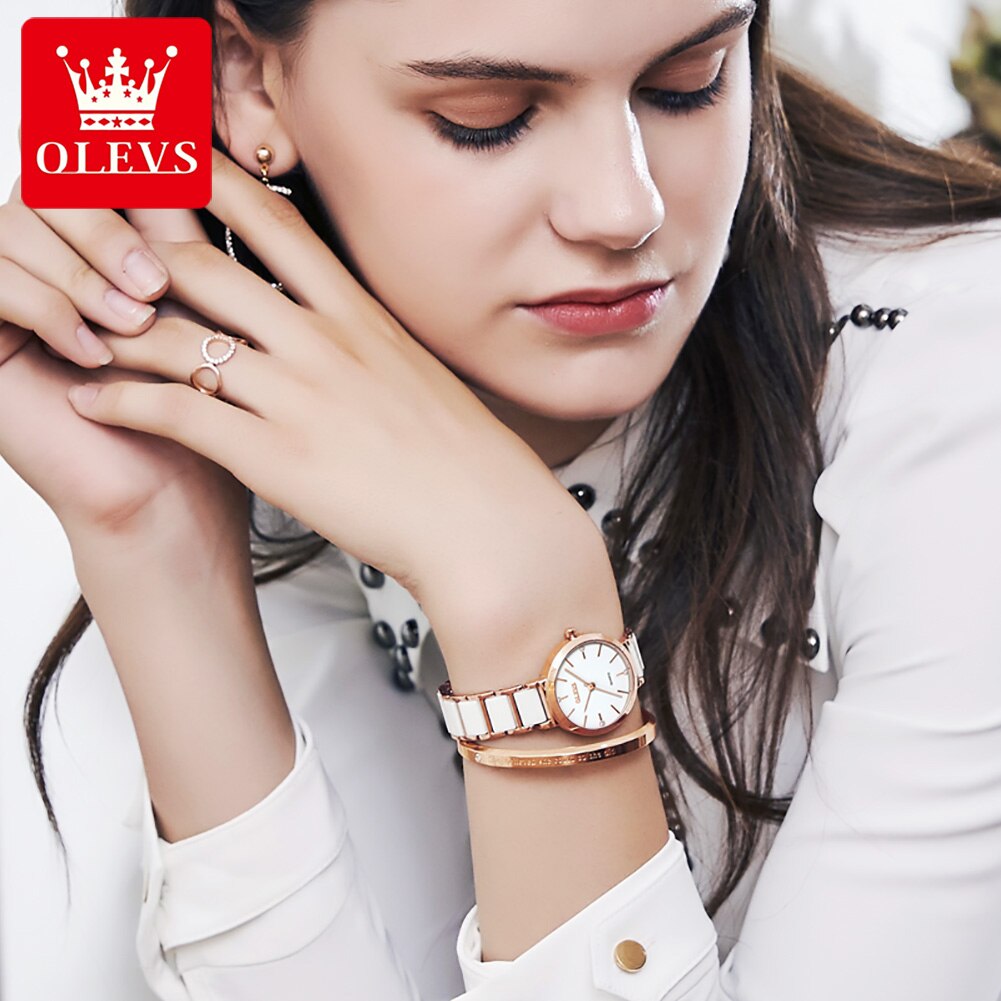 OLEVS Nova Moda Cerâmica Pulseira de Relógio Quartzo Relógio Feminino À Prova D' Água Marca de Luxo Relógio para Mulheres Data Relógio Relógio Feminino