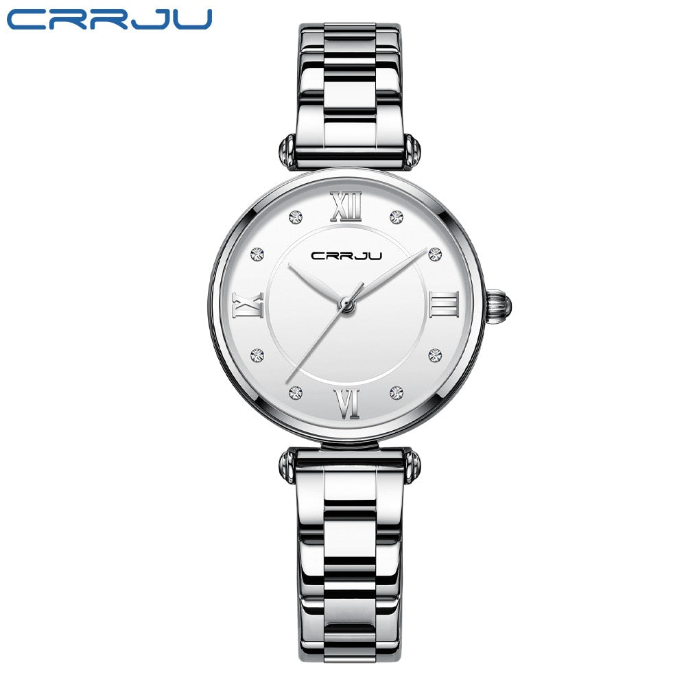 Relógio Feminino CRRJU Moda Luxo Relógio Azul para Feminino Casual Quartzo Feminino Relógio Aço Inoxidável Feminino