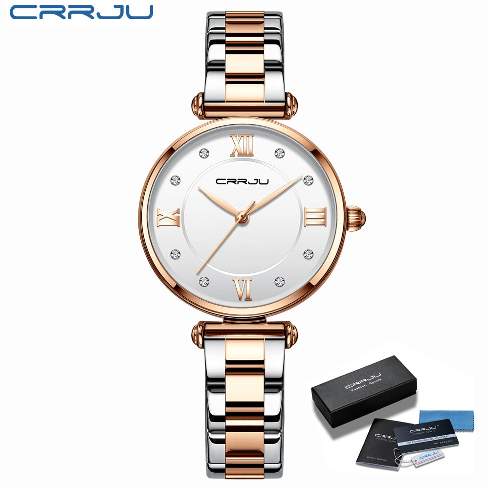 Relógio Feminino CRRJU Moda Luxo Relógio Azul para Feminino Casual Quartzo Feminino Relógio Aço Inoxidável Feminino