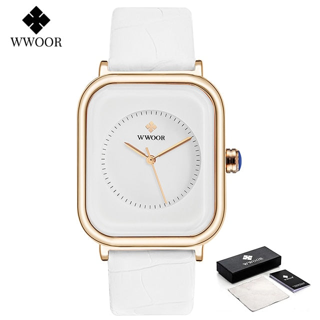 Moda Feminina Relógios 2023 WWOOR Couro Branco Minimalista Retângulo Feminino Vestido de Quartzo Relógio de Pulso Relogio Feminino Montre Femme