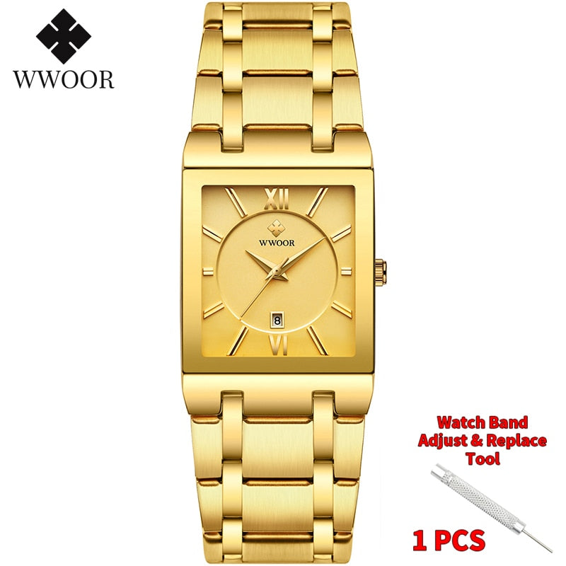 Relogio Masculino WWOOR Relógio de Ouro Masculino Quadrado Relógios Masculinos Marca Top Luxo Quartzo Dourado Aço Inoxidável Relógio de Pulso À Prova D' Água