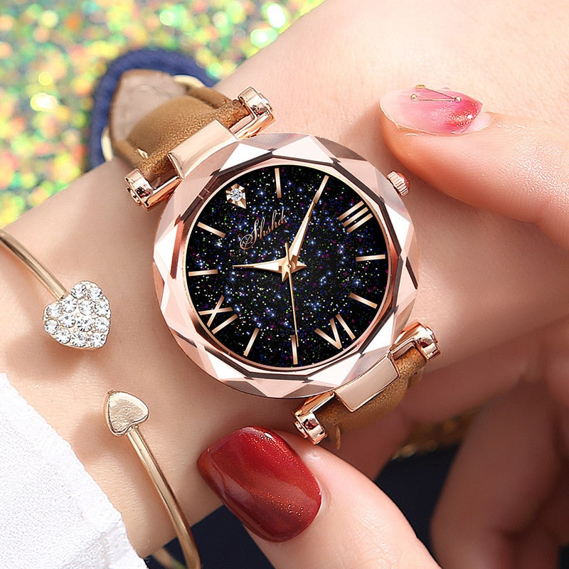 Relógio Feminino com Strass Romântico Céu Estrelado Relógio de Pulso Moda Feminina Relógio de Couro Relógio Feminino Relogio Feminino Montre Femme