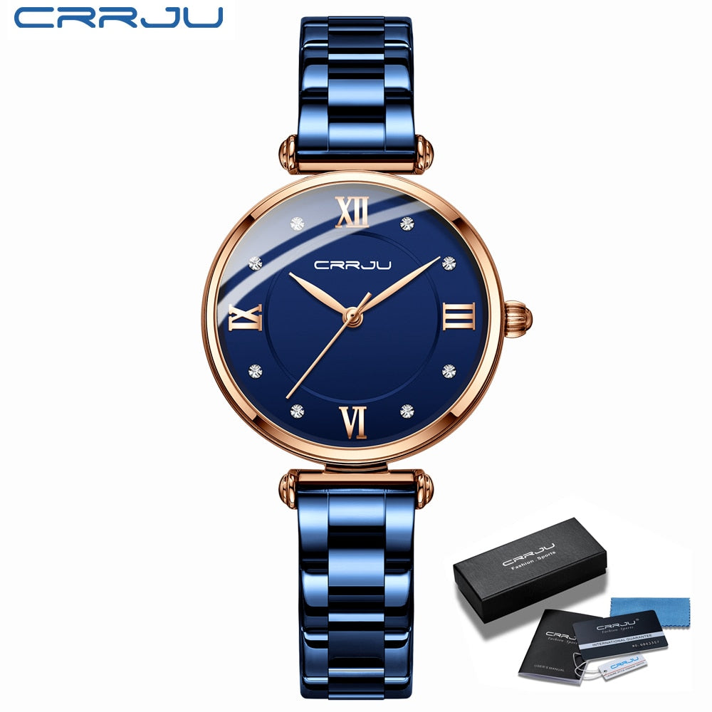 Relógio Feminino CRRJU Moda Luxo Relógio Azul para Feminino Casual Quartzo Feminino Relógio Aço Inoxidável Feminino