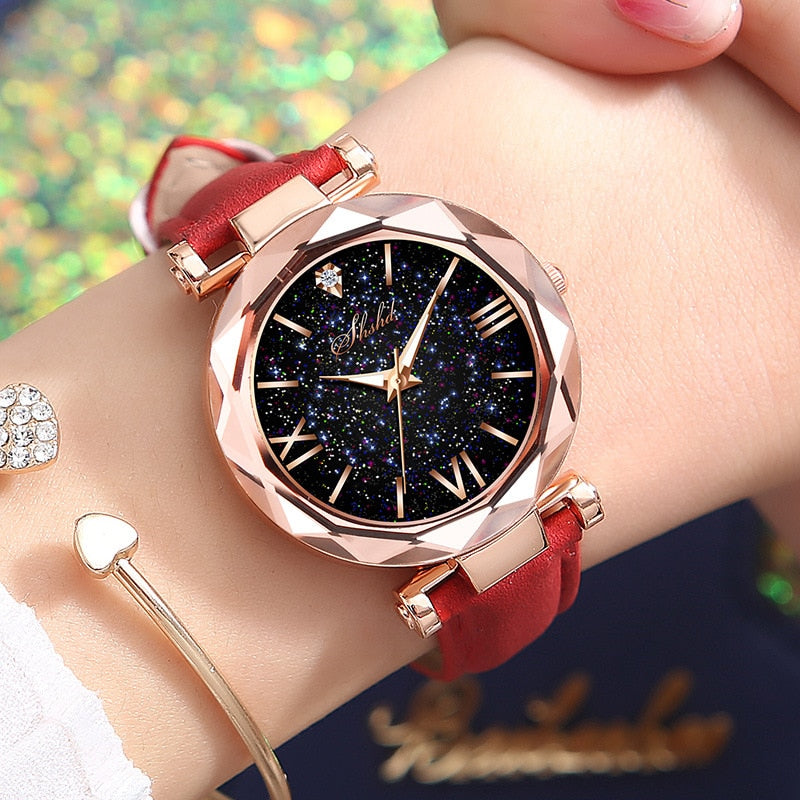 Relógio Feminino com Strass Romântico Céu Estrelado Relógio de Pulso Moda Feminina Relógio de Couro Relógio Feminino Relogio Feminino Montre Femme