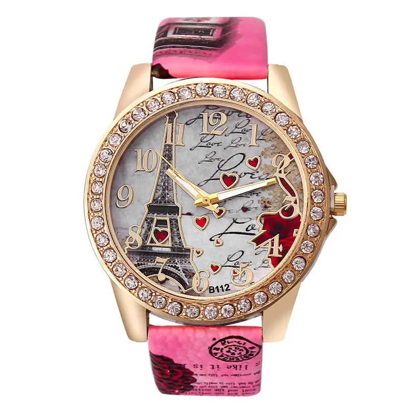 Relógios Grandes Femininos de Moda Luxuosa com Cristal, Relógios da Torre Eiffel de Paris para Mulheres, Relógio de Pulso Quartz com Pulseira de Couro, Relógios Casuais para Mulheres