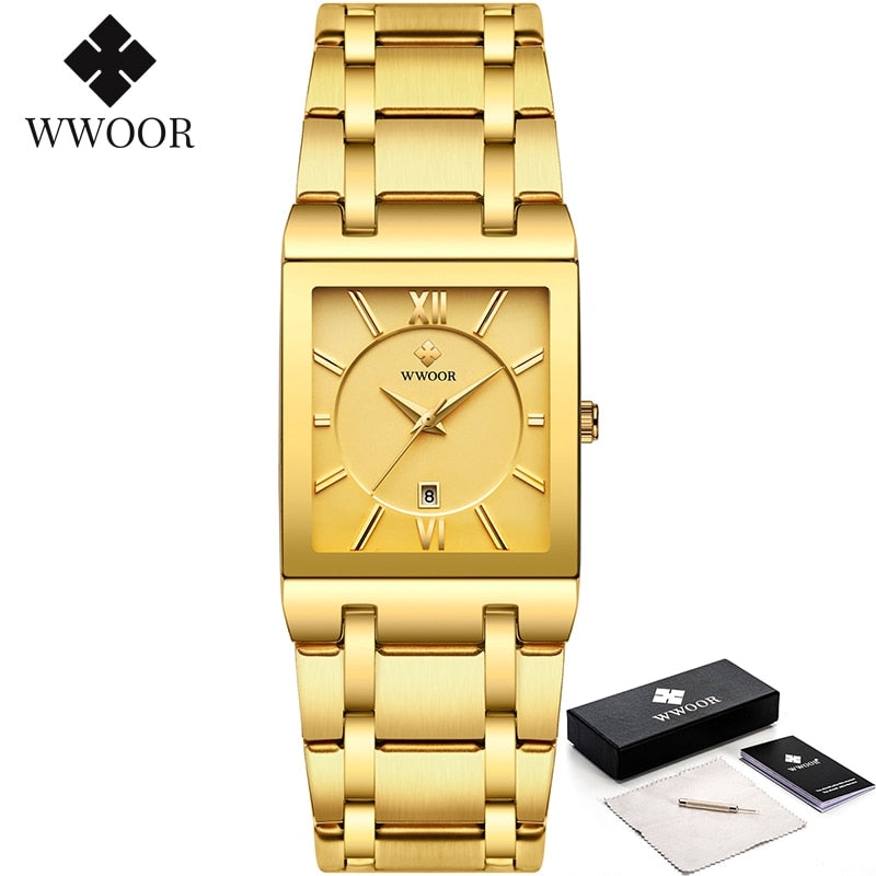 Relogio Masculino WWOOR Relógio de Ouro Masculino Quadrado Relógios Masculinos Marca Top Luxo Quartzo Dourado Aço Inoxidável Relógio de Pulso À Prova D' Água