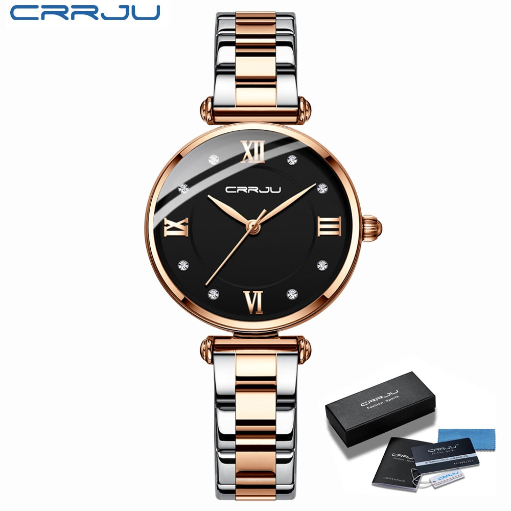 Relógio Feminino CRRJU Moda Luxo Relógio Azul para Feminino Casual Quartzo Feminino Relógio Aço Inoxidável Feminino