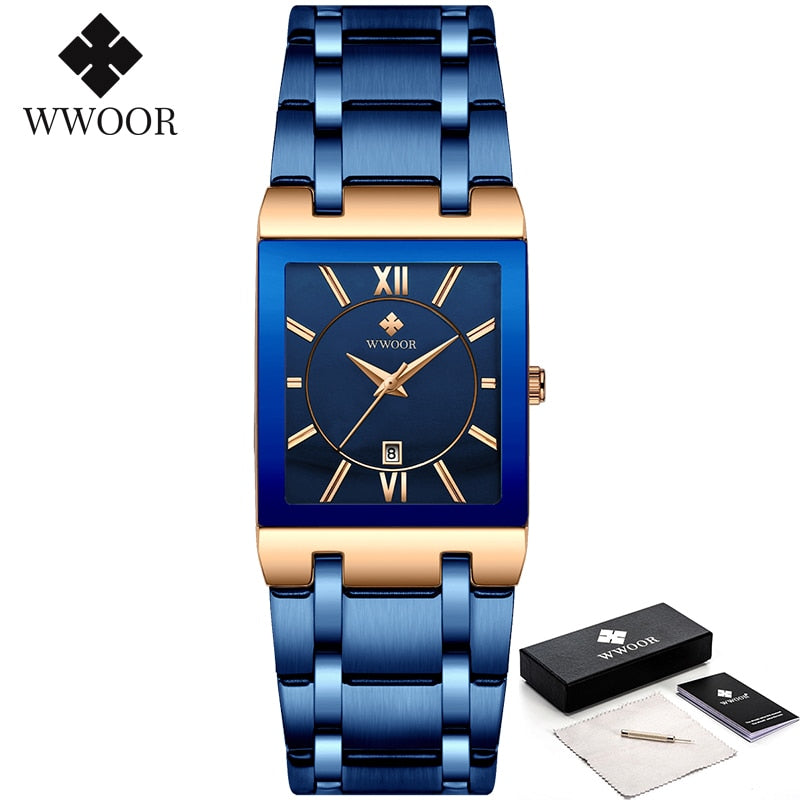 Relogio Masculino WWOOR Relógio de Ouro Masculino Quadrado Relógios Masculinos Marca Top Luxo Quartzo Dourado Aço Inoxidável Relógio de Pulso À Prova D' Água