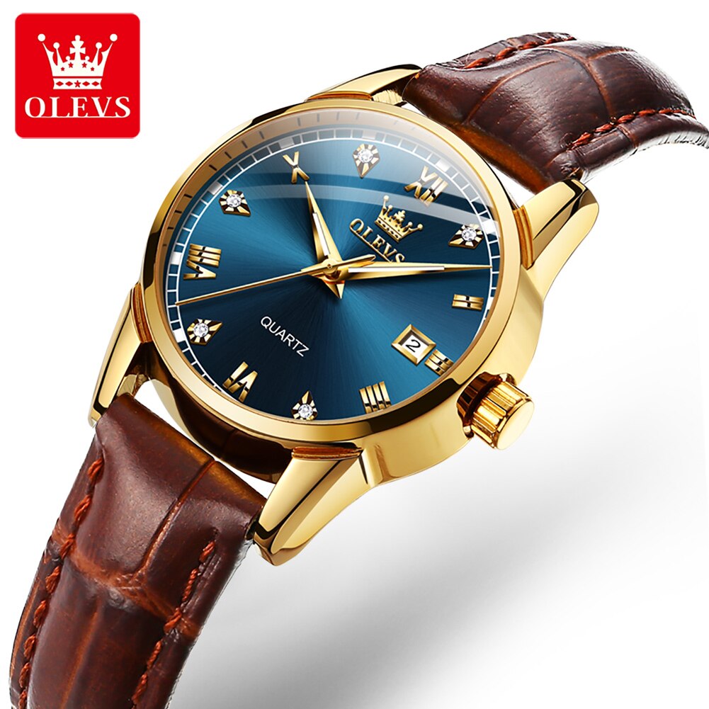 Olevs relógio de quartzo feminino pulseira de couro diamante à prova dwaterproof água luminosa data relógio de quartzo para mulheres esportes senhoras relógio 6896