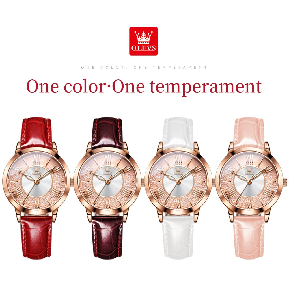 OLEVS Original New Women Quartz Watch Top Brand Leather Strap Elegant Fashion Quicksand Watch Female Girls Dress Wristwatch