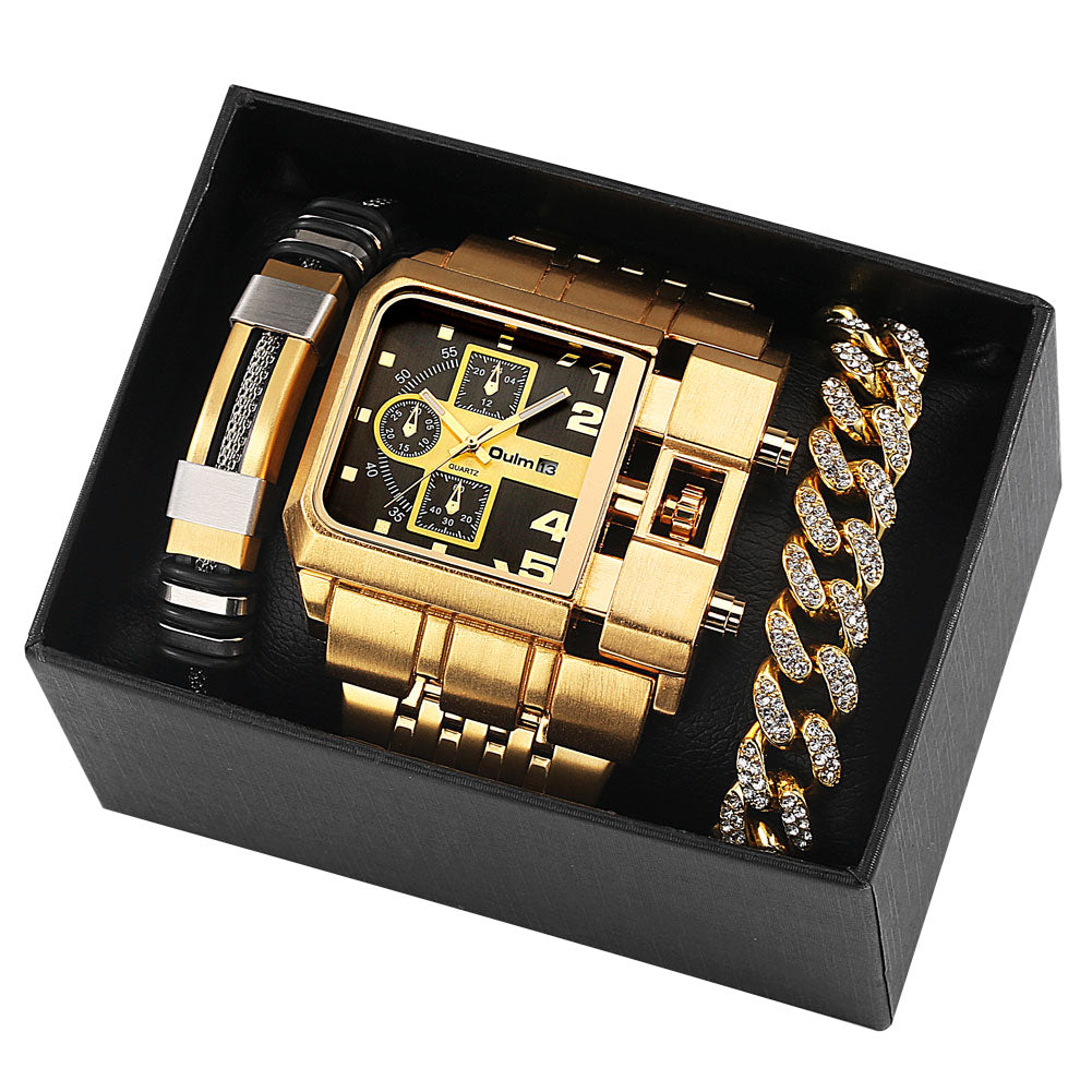 Relógio de ouro de luxo masculino calendário de aço completo relógio de pulso de quartzo com mostrador grande pulseiras conjunto de presente de Natal relógio masculino de luxo