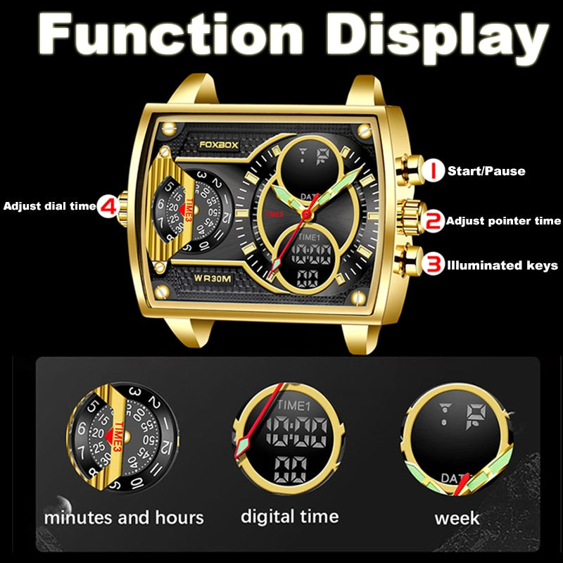 LIGE Top Brand Luxury Men Watch FOXBOX Fashion Square Watch Men Casual Sports Water Display Double Display Watch Relogio Masculino