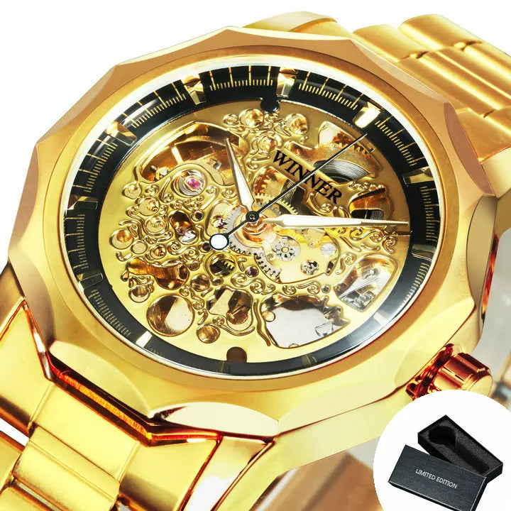 Relógio Automático Luxuoso WINNER com Esqueleto Dourado para Homens, Ponteiros Luminosos, Relógios Mecânicos Irregulares Royais com Pulseira de Aço Inoxidável