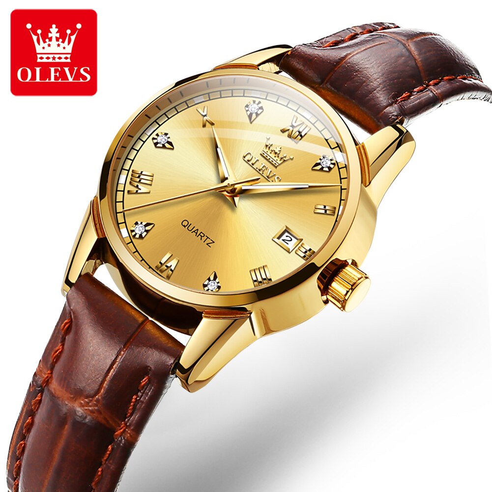 Olevs relógio de quartzo feminino pulseira de couro diamante à prova dwaterproof água luminosa data relógio de quartzo para mulheres esportes senhoras relógio 6896