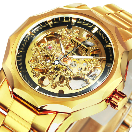 Relógio Automático Luxuoso WINNER com Esqueleto Dourado para Homens, Ponteiros Luminosos, Relógios Mecânicos Irregulares Royais com Pulseira de Aço Inoxidável