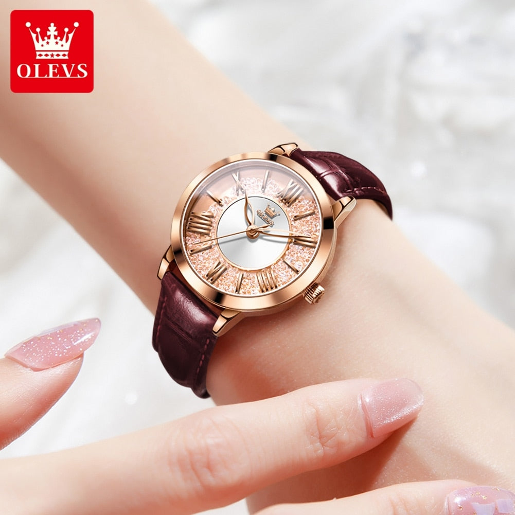 OLEVS Original New Women Quartz Watch Top Brand Leather Strap Elegant Fashion Quicksand Watch Female Girls Dress Wristwatch